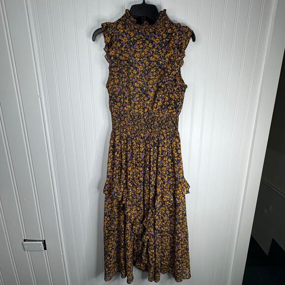 Lulus Evalina Mustard Yellow Floral Print Mock Neck Midi Dress Dark Academia - Picture 8 of 14
